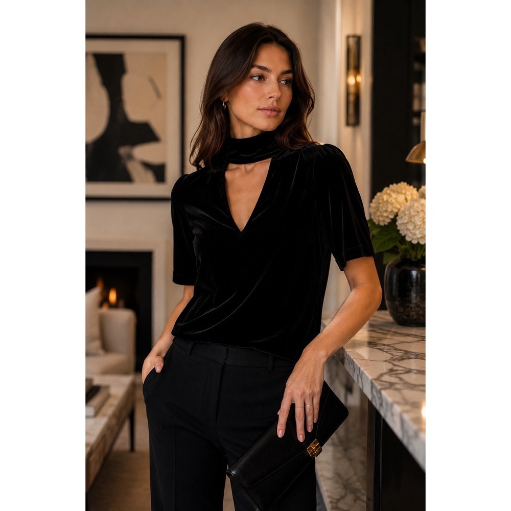 Theory Luxe Velvet Black Mock Turtleneck Keyhole Cutout Top Petite XS Silk Blend